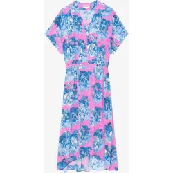 Zadig & Voltaire - Vestido semilargo con manga corta, estampado de viscosa y cintura elástica
