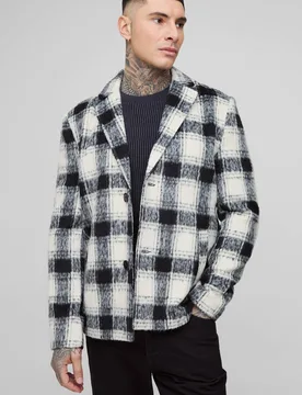 Herren Langer Kastenförmiger Oversized Gebürsteter Karo-Mantel Black Größe Small - boohooMAN - FashionsVida
