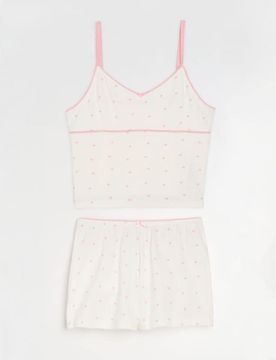 Pigiama in cotone a due pezzi con spalline e motivo a cuori - bianco