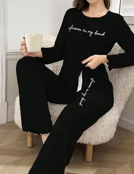 Conjunto de pijama casual de mujer con estampado de letras, ribete de volantes y contraste de colores, ropa de otoño e invierno cómoda y elegante - Shein - FashionsVida