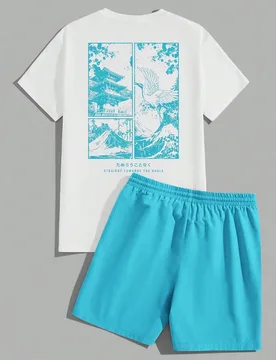 Conjunto casual diario de camiseta de manga corta con cuello redondo y estampado de dibujos animados, y pantalones cortos para hombre - Shein - FashionsVida