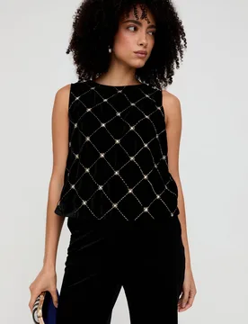 Chiva Beaded Velvet Top In Black - 8 - Lily and Lionel London Limited - FashionsVida