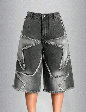 Pantalones cortos vaqueros de tiro bajo estilo capri de novio con estampado de estrellas Y2K para adolescentes, casuales y de moda para uso diario, es - Shein - FashionsVida