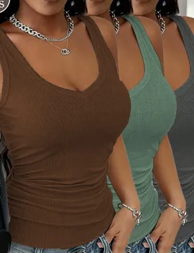 Piezas Tops de camisola corta de punto sexy para mujer, unicolor, cuello en V casual sin mangas, versátil para usar como capa o prenda exterior, cóm - Shein - FashionsVida