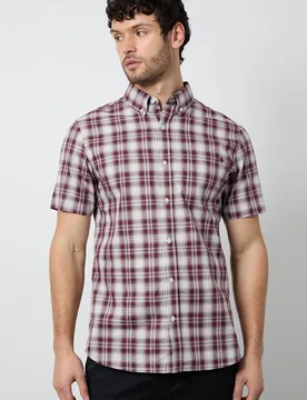 Mens Purple Madras Check Short Sleeve Shirt Cotton - Size Large - Maine - FashionsVida