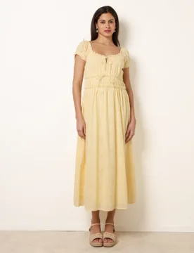 Broderie Front Tie Midi Dress - XL / LEMON - female - Blue Vanilla - FashionsVida