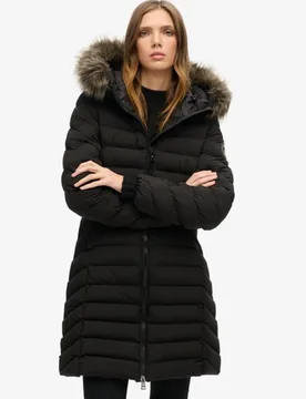 Superdry Damen Mittellanger Fuji Steppmantel mit Kapuze aus Kunstfell Schwarz - Größe: 40 - 149.99 - FashionsVida