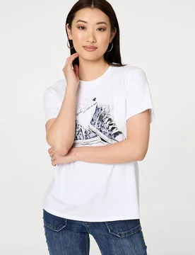 Women's Graphic Print Short Sleeve T-Shirt in White Size: 12 - White - Size: 12 - Izabel London - FashionsVida