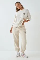 Womens Sports Bubble Slogan Cuffed Oversized Jogger - Beige Cotton - Size Large