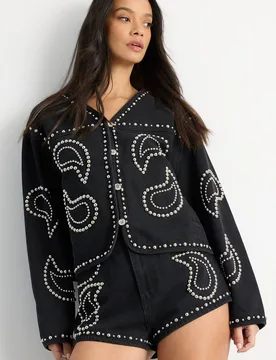 Paisley Studded Denim Shorts - Black - Size: 10 - Warehouse - FashionsVida