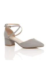 Mid Block Heel Crossed Strap Pointed Toe 2 Part Heels - Grey - Size: 6