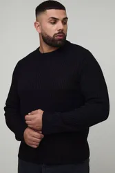 Herren Plus Basic Regular Fit Gerippter Strickpullover Black Größe 2XL