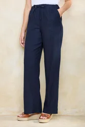 Linen Blend Relaxed Fit Trousers - Navy - Size: 14S