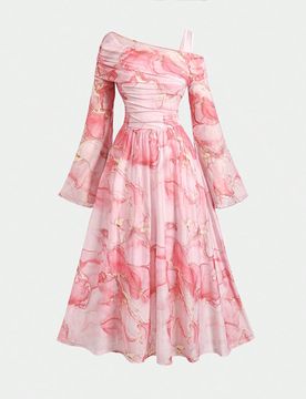 Vestido casual fruncido de malla con estampado floral para adolescente