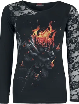 Gothic Langarmshirt - Flaming Rose - S bis XXL - für Damen - Größe M - schwarz - Frauen - female - Spiral - FashionsVida