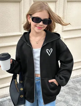 Chaqueta de sudadera de punto informal para niñas preadolescentes con estampado de corazón, forro térmico, bolsillos con cremallera, adecuada para - Shein - FashionsVida