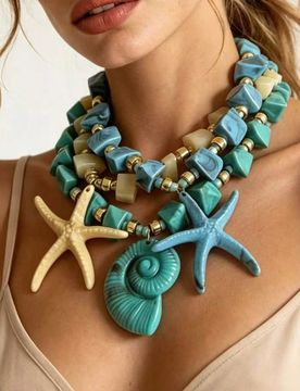 Pieza Collar con colgante de resina geométrica de elemento oceánico estilo bohemio, diseño único y exagerado para mujeres