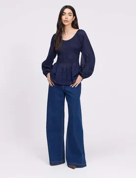 Pure Cotton Shirred Blouson Sleeve Top Navy female - Finery London - FashionsVida