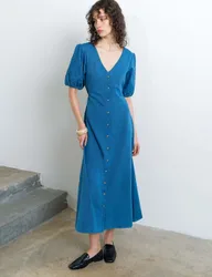 Pure Cotton Chambray Puff Sleeve Midi Dress Denim female