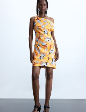 Robe asymétrique à fleurs, , Orange, XS