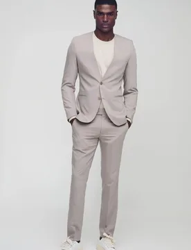 Herren Schmal geschnittener kragenloser einreihiger Blazer Stone Größe 40 - boohooMAN - FashionsVida