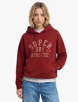 Superdry Damen Baumwolle Textdruck Athletic Essentials Kapuzenpullover in Lockerer Passform, Weinrot, Größe: 34 - 64.99 - FashionsVida