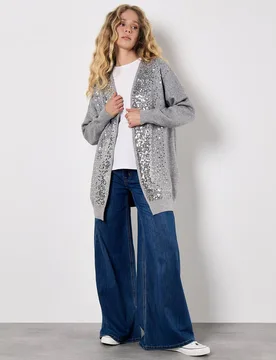 Women's Sequin Embellished Long Cardigan Sweater in Grey Size: 10 - Grey - Size: 10 - Apricot - FashionsVida