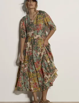 Patchwork Floral Midi Dress - Khaki - Size: 8 - Apricot - FashionsVida