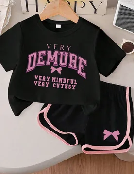 Conjunto de 2 piezas para niñas grandes, camiseta con estampado de eslogan + pantalones cortos, ropa de verano linda, suave, cómoda y casual - Shein - FashionsVida