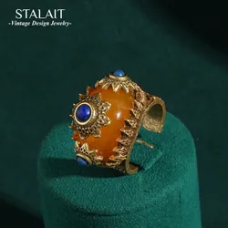 Vintage Blue Gold Color Sun Rings Yellow Stone Simple Party Luxury Mother's Day Gift Antique Jewelry Accessories for Women New
