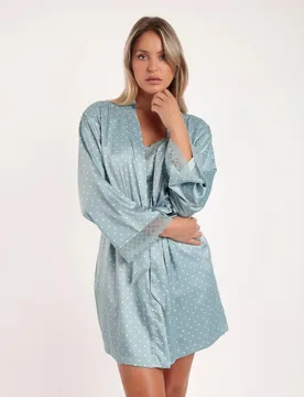 Bata de manga larga de mujer de tela satén con detalles de puntilla lencera - Admas - FashionsVida