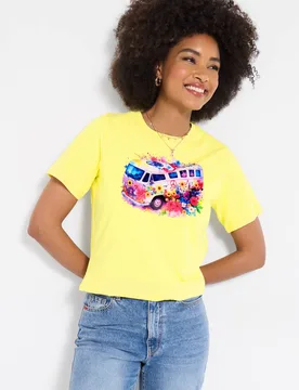 Women's Graphic T-Shirt with Campervan Print in Yellow Size: 18 - Yellow - Size: 18 - Joe browns - FashionsVida