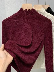 Stand Collar Lace Long Sleeved T-shirt Base Shirt for Women's Autumn and Winter Style French Romantic Mesh Top Elastic Plus Size