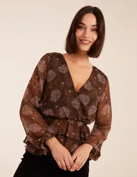 Floral Ruffle Wrap Blouse - 10 / BROWN PATTERN - female
