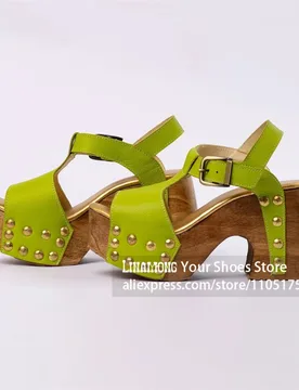 Studded Wooden Block Heel Platform Sandals Rivet Ankle Strap Open Toe Clog Sandals Bohemian Wooden Summer Vacation Women Sandals - Aliexpress - FashionsVida
