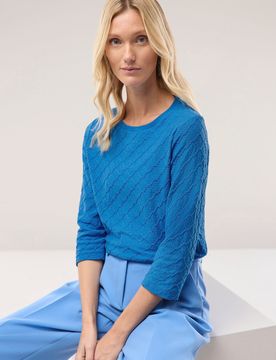 Baumwollshirt Strukturmuster, normale Größen, Farbe Blau, 48, weicher Baumwollmix mit 3/4-Ärmeln Damen