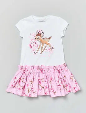 Abito rosa e bianco con stampa Bambi - Monnalisa - FashionsVida