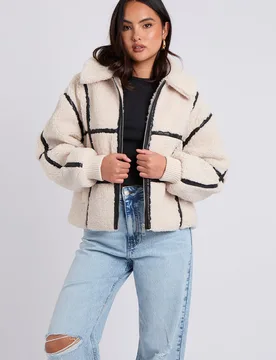 Womens Cream Taped Borg Coat - Size 8 Uk - Urban Bliss - FashionsVida