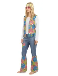 Hippie-Damenkostüm Flowerpower weiss-blau-bunt