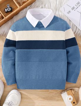 Suéter casual de manga larga con cuello redondo a rayas para niños y niños pequeños, otoño e invierno
