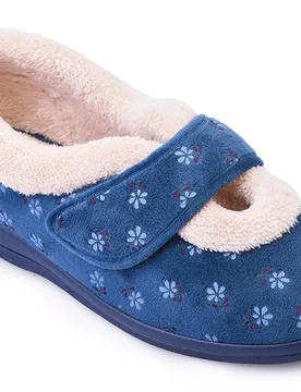 Snuggly Women's Extra Wide Slippers for Swollen Feet - French Navy Floral - Size: 4 XXW - Cosyfeet - FashionsVida