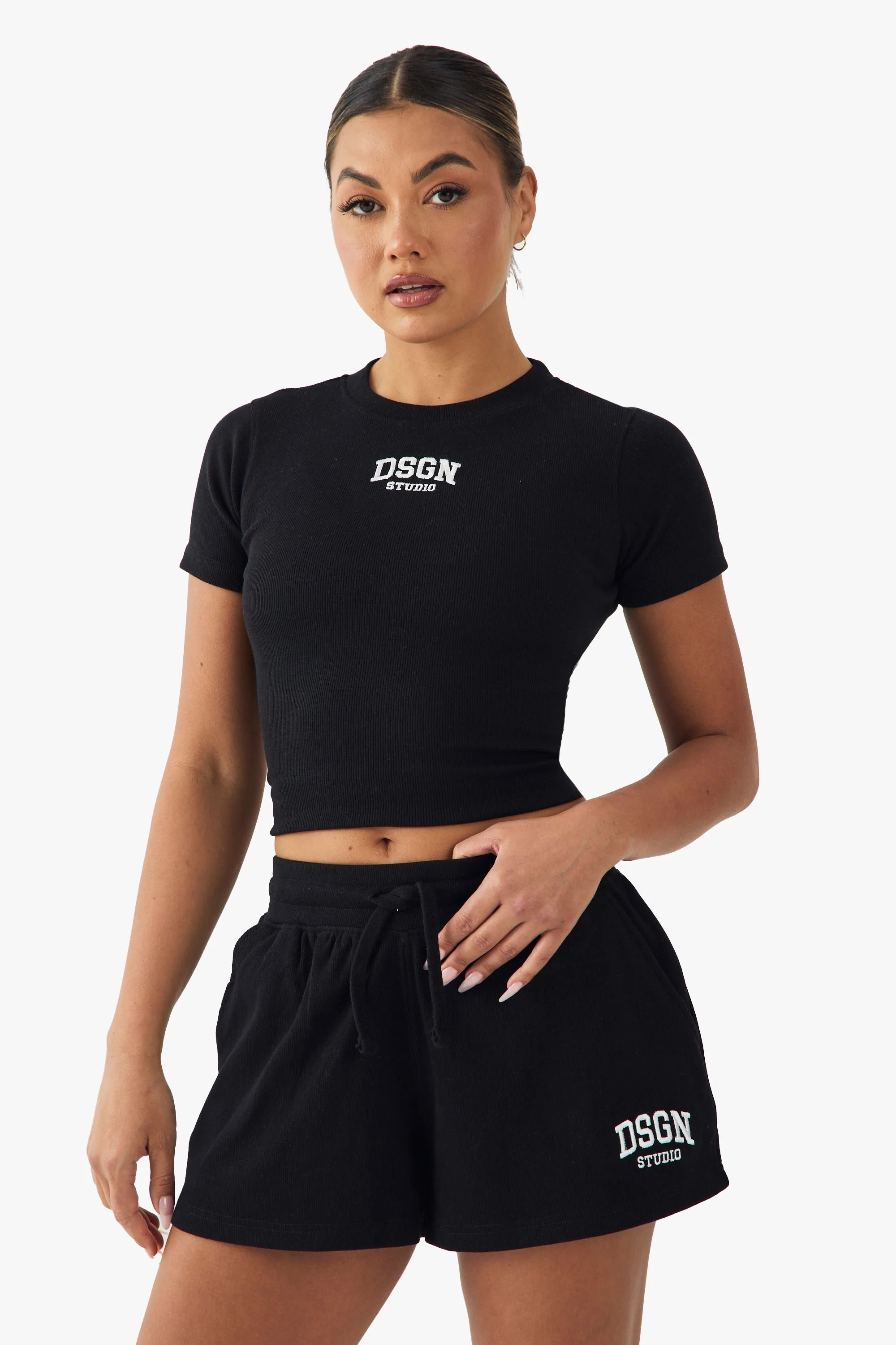 Womens Embroidered Rib Short - Black Cotton - Size 6 Uk - DSGN Studio - FashionsVida