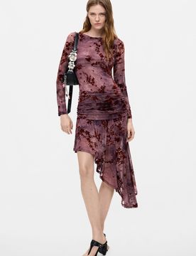 Robe floquée asymétrique, , Polyester, Rouge, XS