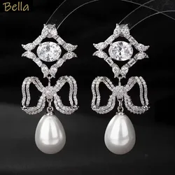 Elegant Pearl Long Dangle Earrings for Women Luxury Jewelry Shiny Zircon White Blue Big Pearl Drop Earrings Bowknot
