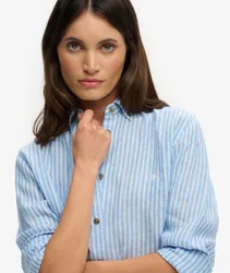 Superdry Damen Premium Leinenhemd mit Knopfleiste in Schmaler Passform Light Blue - Größe: 40