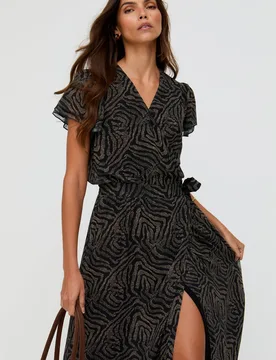 Devina Ruffle Detail Zebra Print Maxi Dress In Black - 8 - Lily and Lionel London Limited - FashionsVida