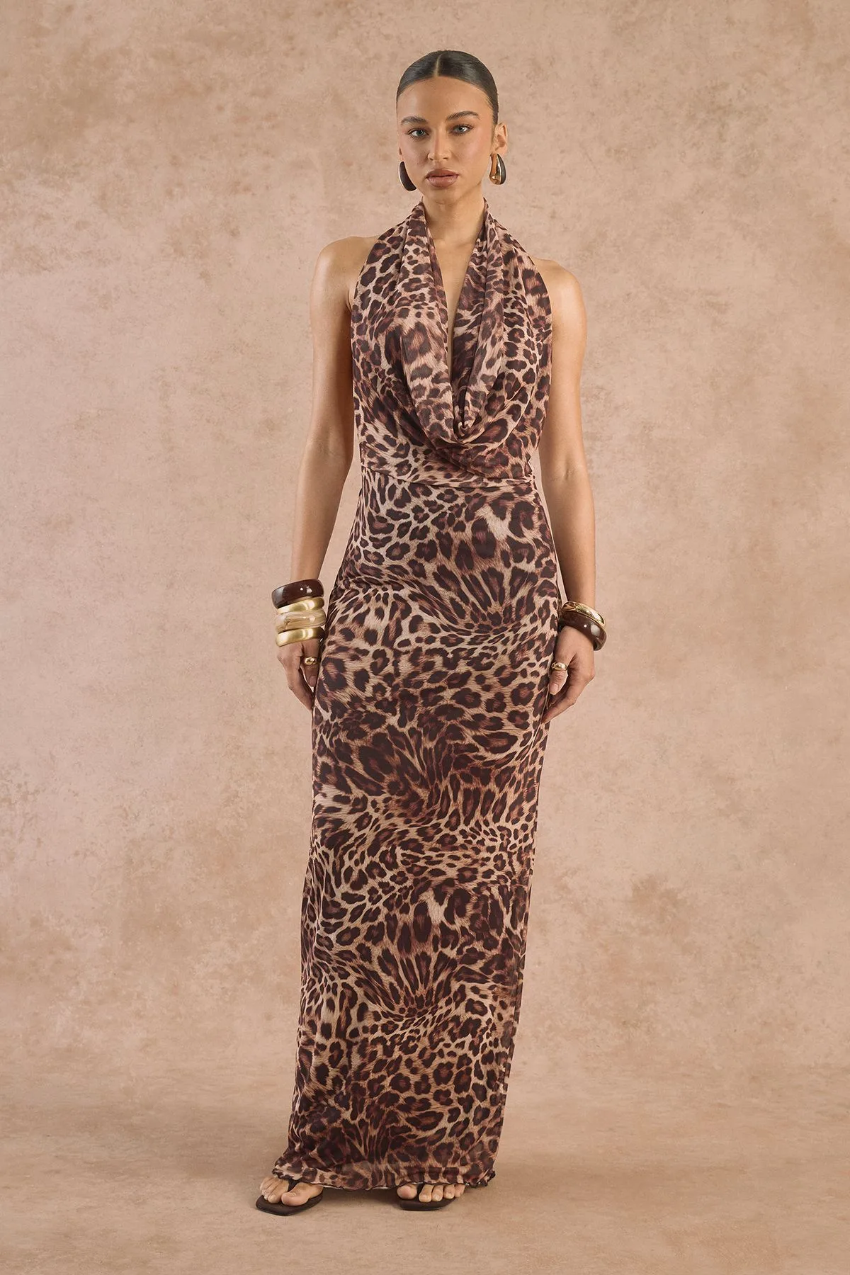 Womens Leopard Halterneck Mesh Maxi Dress - Size 14 Uk - Boohoo - FashionsVida
