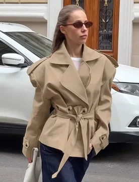 Women's Lace-up Cropped Trench Coat Chic Collar Long Sleeves Lapel Wide Shoulder Windbreaker Jacket Fall Commuting Daily Jackets - Aliexpress - FashionsVida