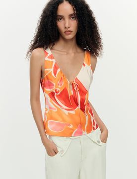 Blouse bretelles pétales, , Polyester, Orange, XS