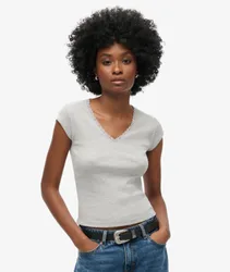 Superdry Damen Athletic Essentials Oberteil mit Spitzenbesatz und V-ausschnitt Grau - Größe: 10-12